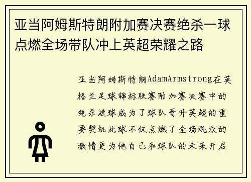 亚当阿姆斯特朗附加赛决赛绝杀一球点燃全场带队冲上英超荣耀之路