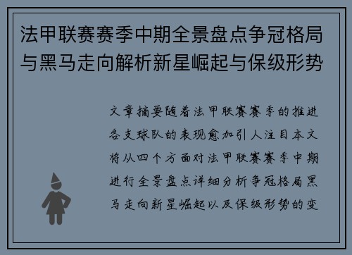 法甲联赛赛季中期全景盘点争冠格局与黑马走向解析新星崛起与保级形势观察